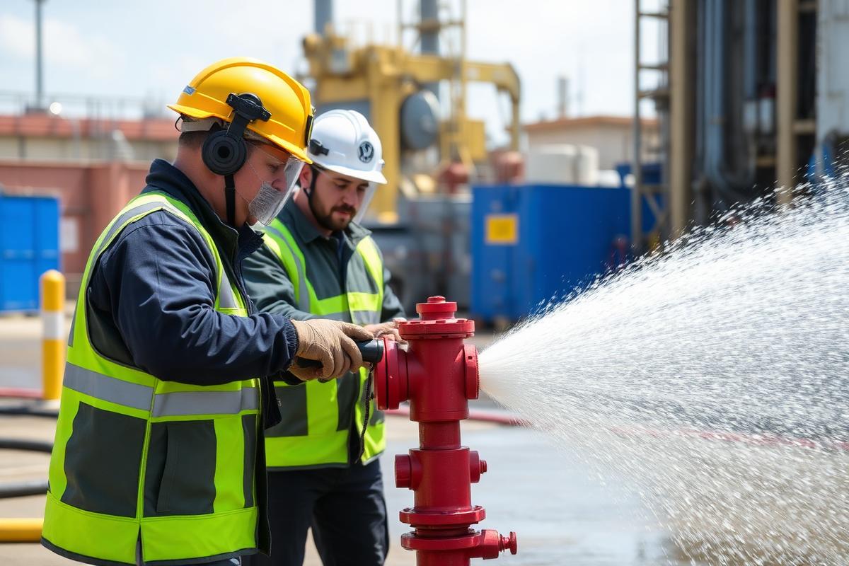 Teknisi melakukan flow test hydrant pillar di area pabrik
